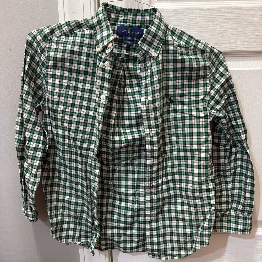Green black white plaid button up